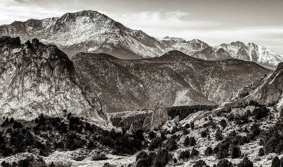 Colorado Springs Photograph - Pikes Peak and Garden of the Gods Sepia Landscape by Gregory Ballos