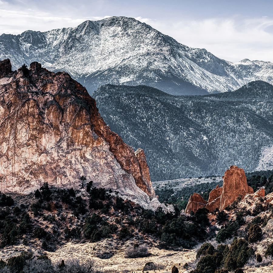 Pikes Peak And The Iconic Red Rocks Of Colorado Springs 1x1 Photograph