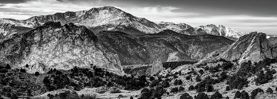Pikes Peak Mountain Landscape Panorama - Colorado Springs Monochrome Photograph by Gregory Ballos