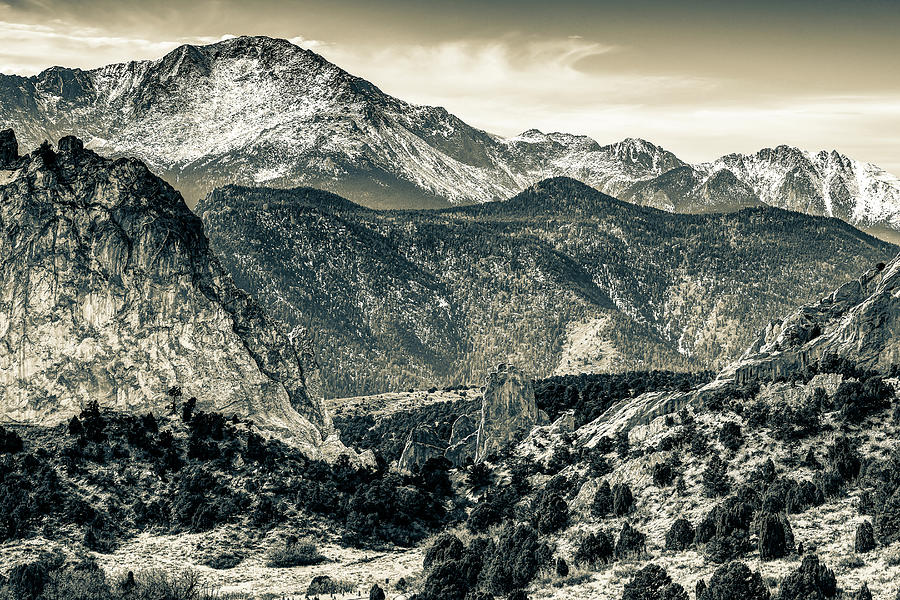 Pikes Peak Rocky Mountain Landscape in Sepia - Colorado Springs Photograph by Gregory Ballos