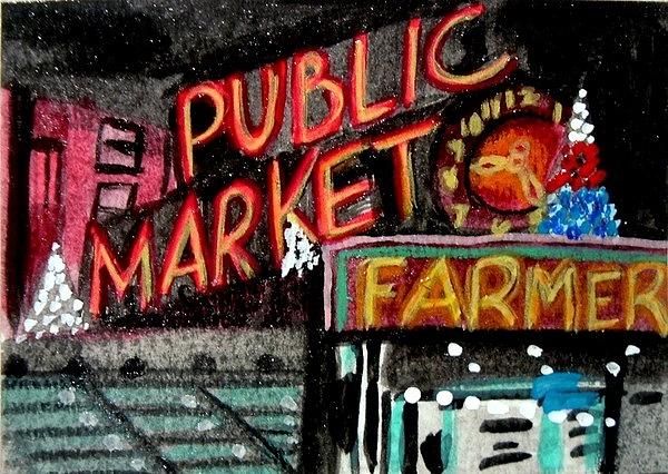 Pikes Place Market At Night Drawing by Monica Resinger