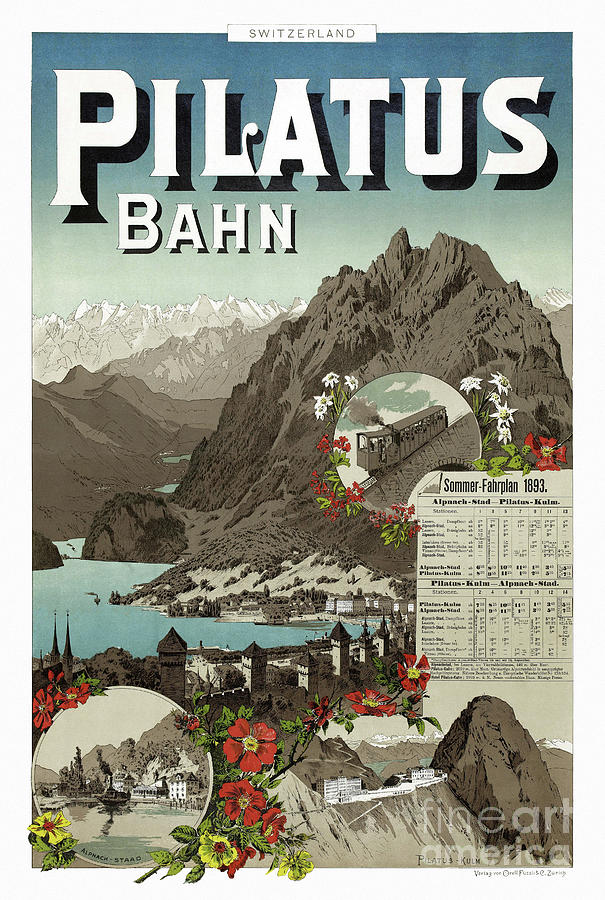 Pilatus Bahn Switzerland Vintage Travel Poster Restored 1893 Drawing