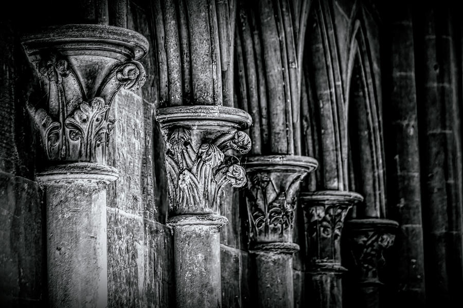 Greek Photograph - Pillars at the Bayeux Cathedral, France, in BW by John Twynam