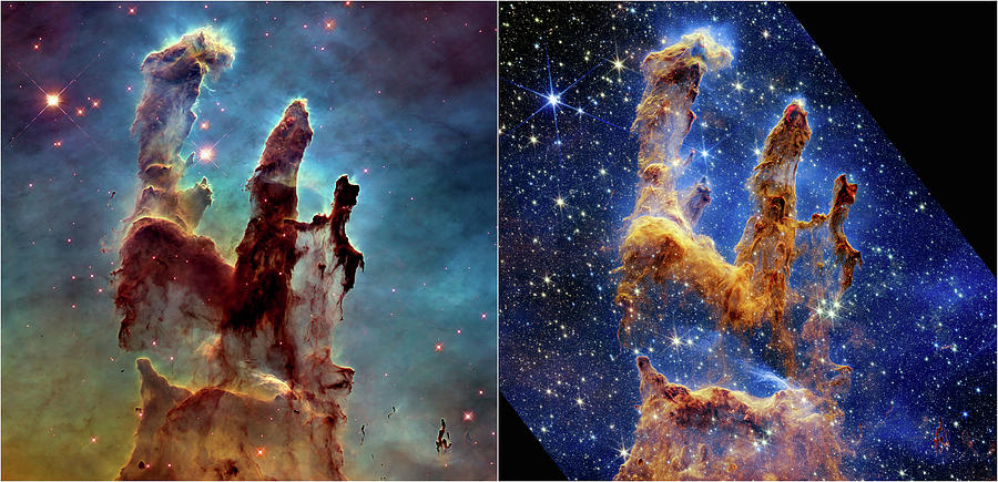 Pillars of Creation - Hubble and Webb Images Side by Side Photograph by Eric Glaser
