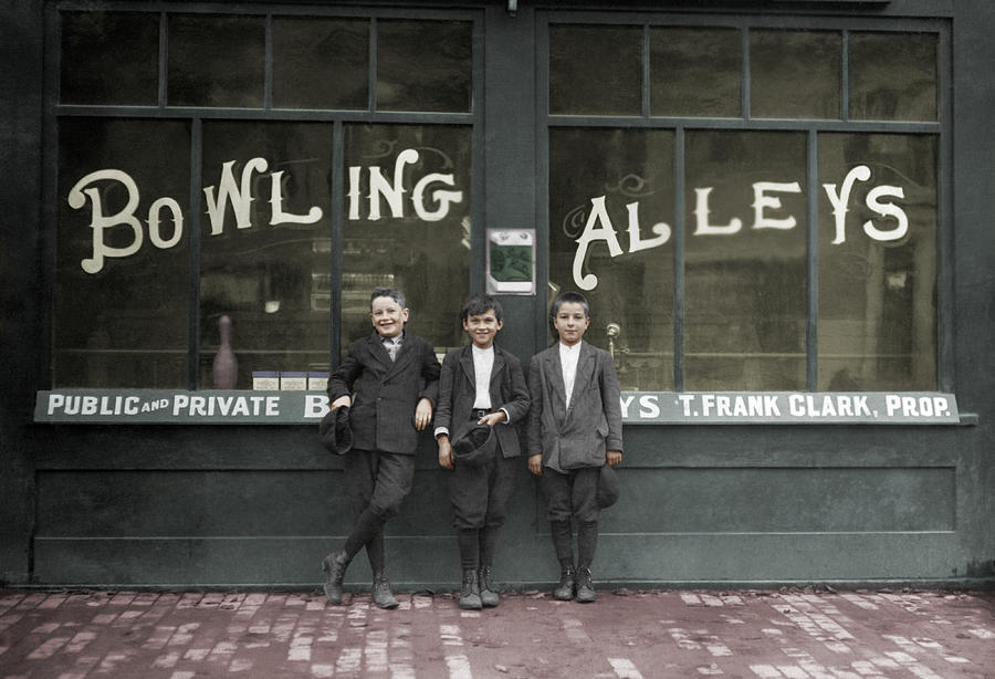 Pin Boys Outside Bowling Alley - 1911 - Colorized Photograph by War Is Hell Store