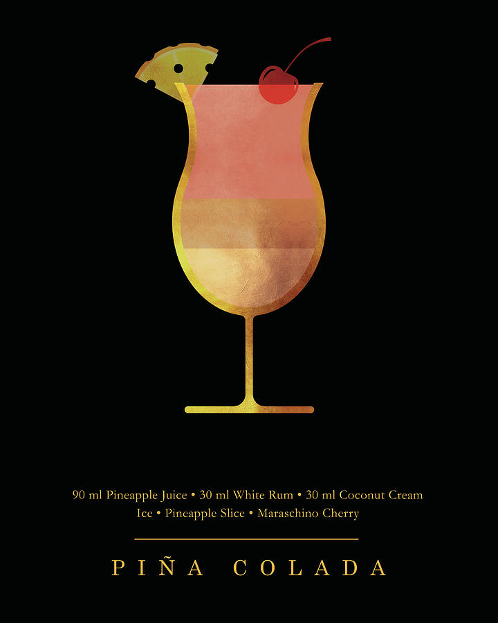 Summer Digital Art - Pina Colada Cocktail - Classic Cocktail Print - Black and Gold - Modern, Minimal Lounge Art  by Studio Grafiikka