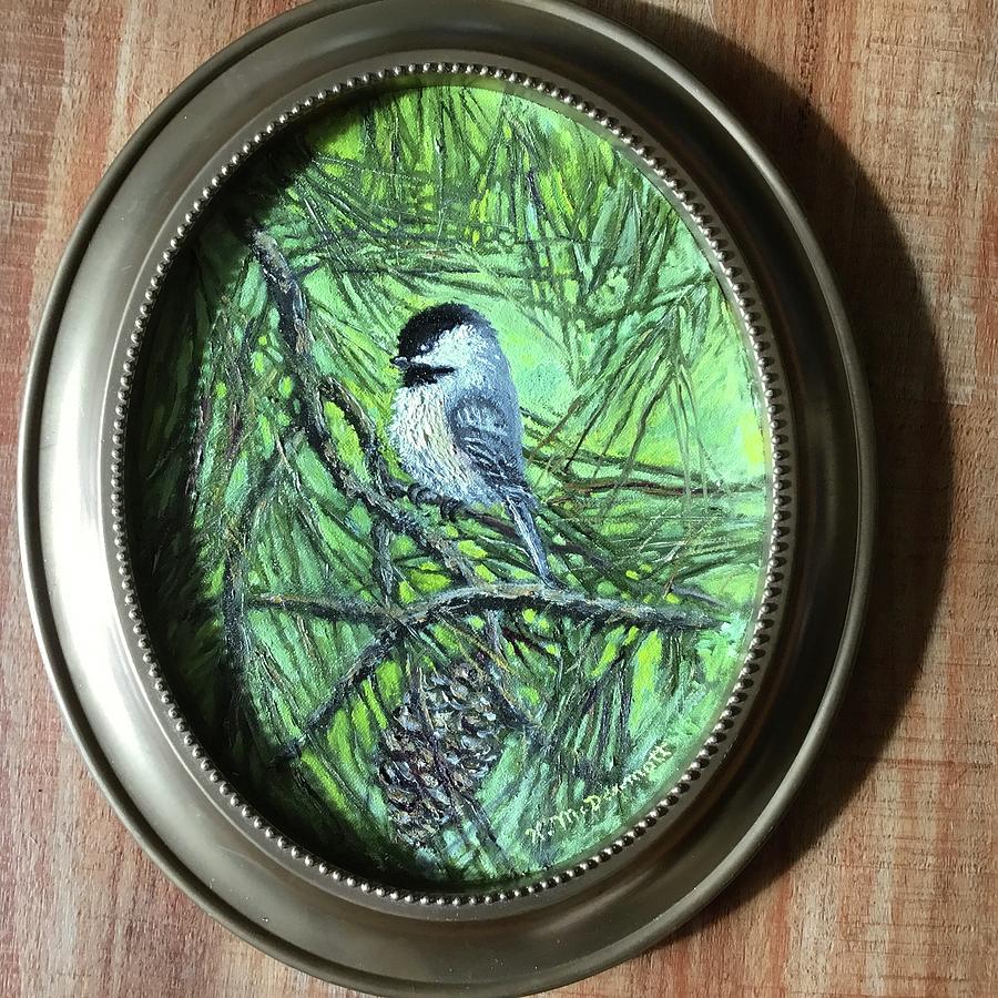 Pine Cone Chickadee Painting by Kathleen McDermott