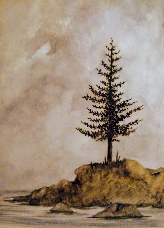 Pine Tree Under Cloudy Skies Painting