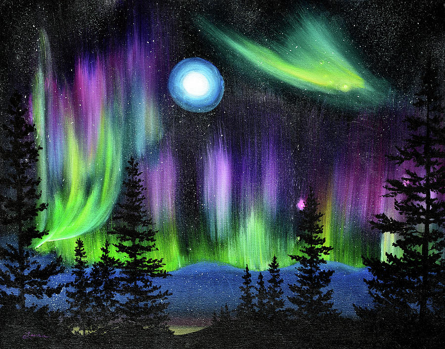 Pine Trees in Aurora Borealis Painting by Laura Iverson
