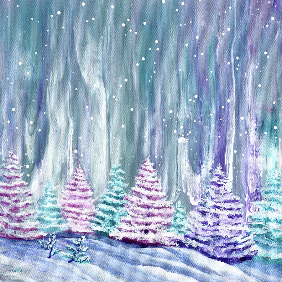 Pine Trees in Quiet Snowfall Painting by Laura Iverson