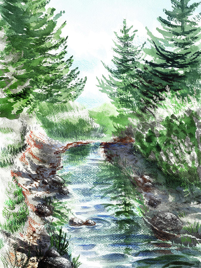 Pine Trees In The Forest With Creek Watercolor  Painting by Irina Sztukowski