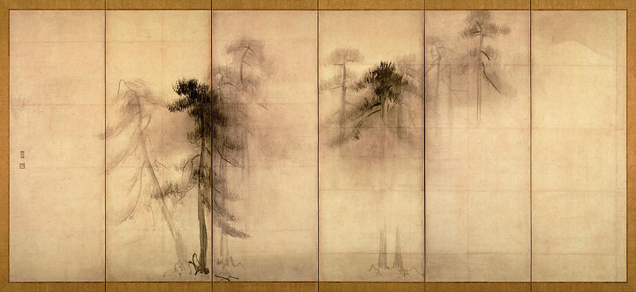 Tree Painting - Pine Trees, Left Hand Screen by Hasegawa Tohaku