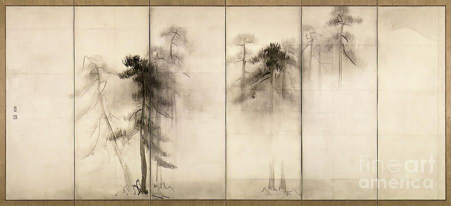 Pine Trees - Left Panel by Hasegawa Tohaku Drawing by Hasegawa Tohaku