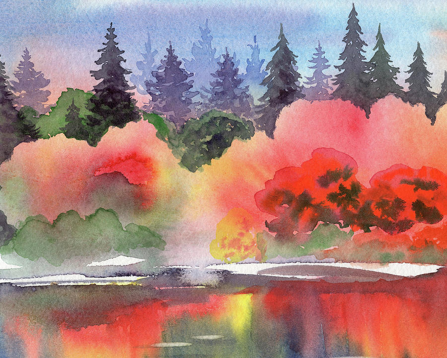 Pine Trees Red Green Yellow Fall Forest Watercolor  Painting by Irina Sztukowski