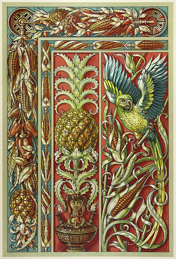 Pineapple and Corn motif with Macaw - Die Pflanze in der Decorativen Kunst Drawing by Anton Seder