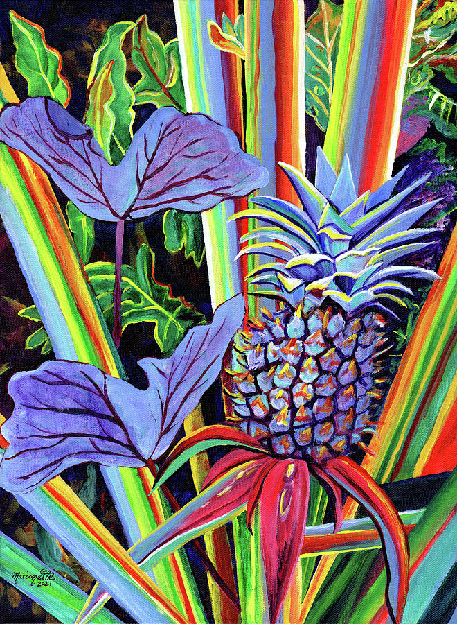 Pineapple Painting - Pineapple and Taro Leaves by Marionette Taboniar