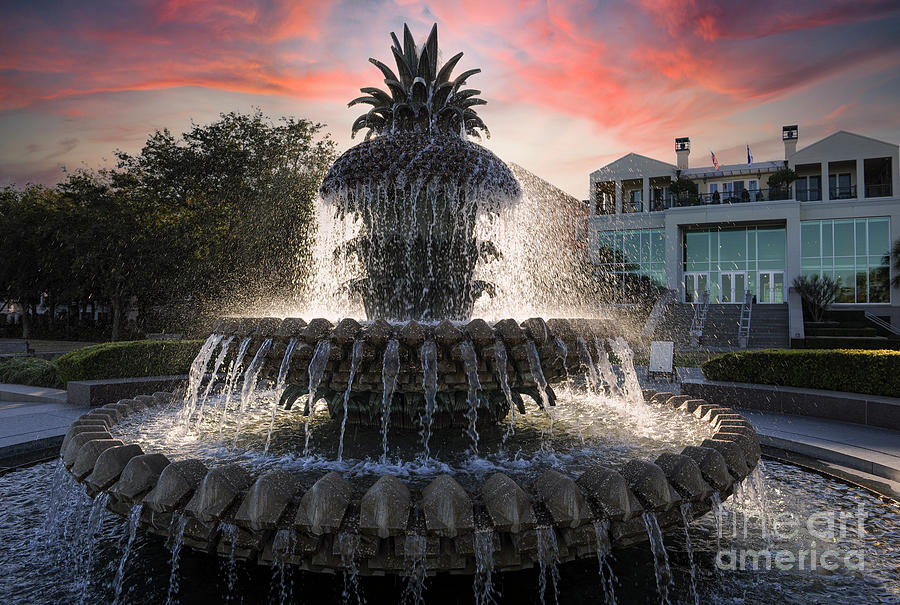 Pineapple Fountain Sunset - Charleston South Carolina Photograph by Dale Powell