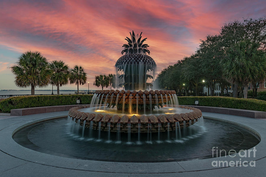 Pineapple Fountain Sunset - Charleston - Waterfront Park Photograph by Dale Powell