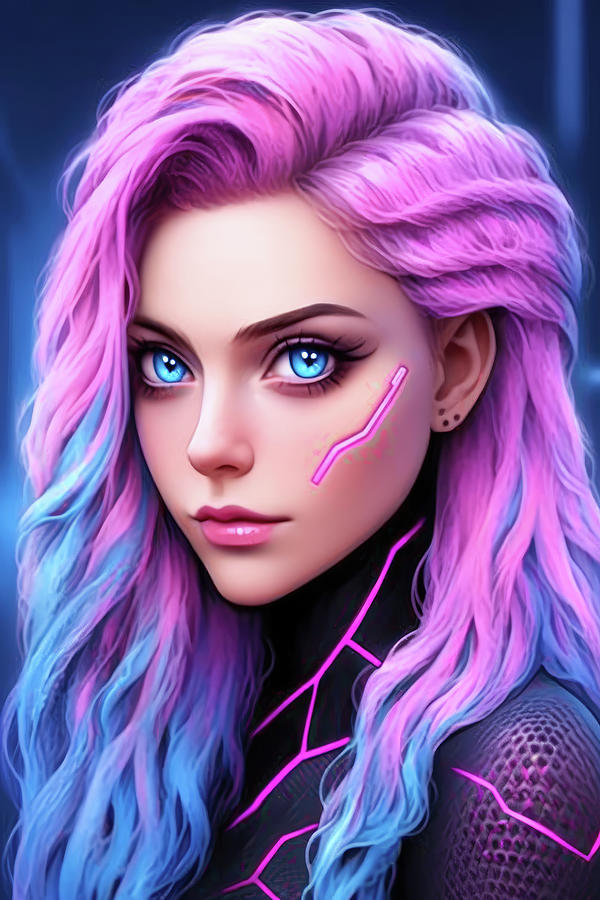 Pink and Blue Cyberpunk Woman Portrait Digital Art by Matthias Hauser