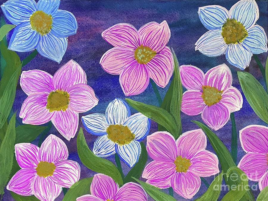 Pink and Blue Flowers Mixed Media by Lisa Neuman