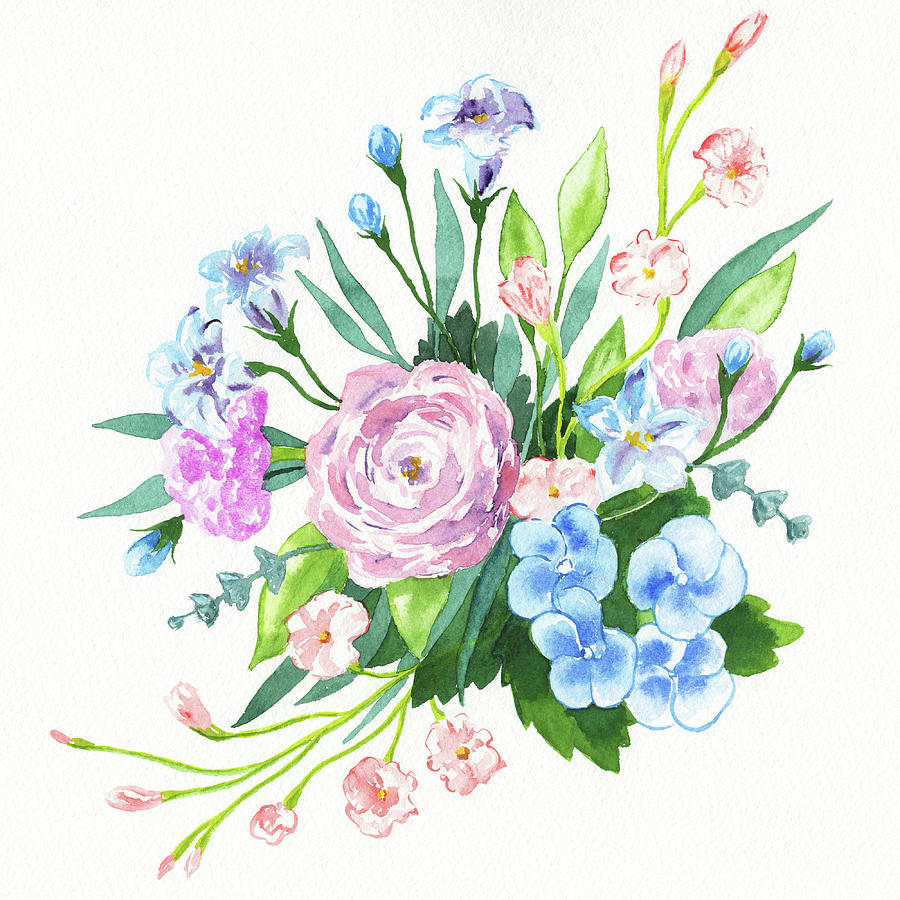 Pink And Blue Watercolor Flowers Fresh Green Leaves Painting by Irina Sztukowski