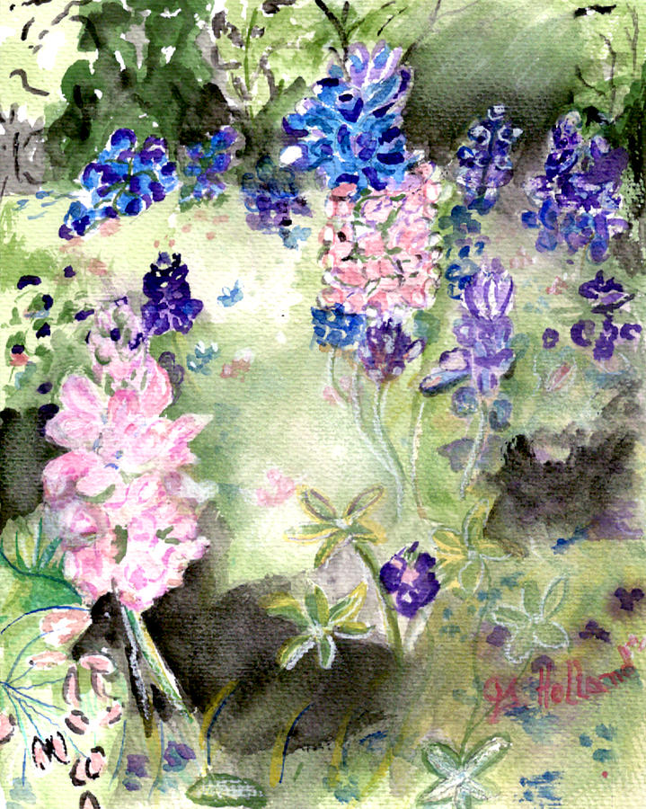 Pink and Bluebonnets Painting by Genevieve Holland