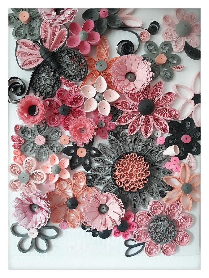 Holiday Mixed Media - Pink and gray flowers by Olivera Naumoska-Najdeska