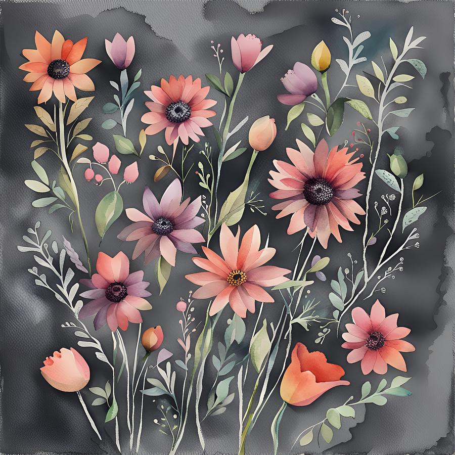 Pink and Orange Flowers on Slate Gray Digital Art by Judi Suni Hall