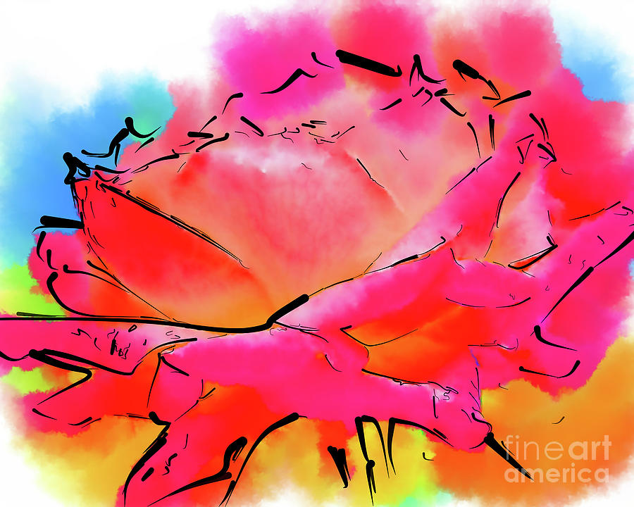 Pink and Orange Rose In Abstract Watercolor Digital Art by Kirt Tisdale