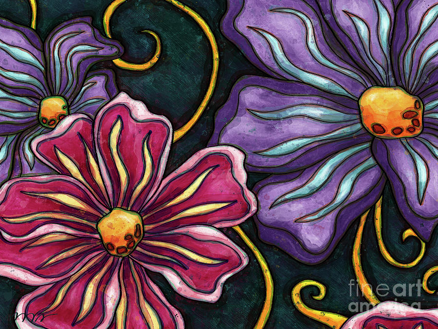 Pink and purple cosmos flowers, colorful flowers Painting by Nadia CHEVREL