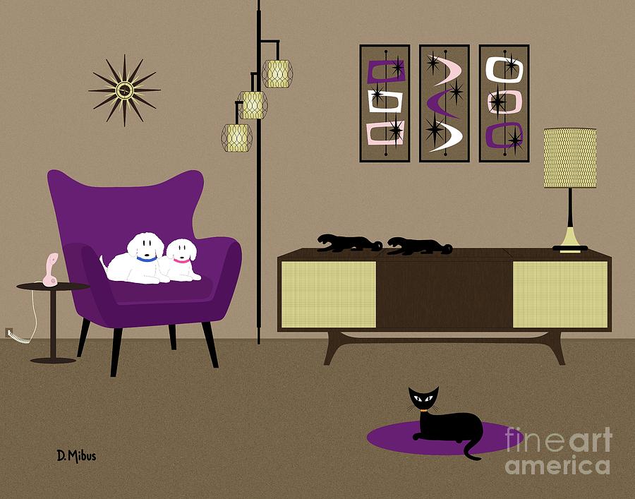 Pink and Purple Mid Century Room with White Dogs Black Cat Digital Art by Donna Mibus