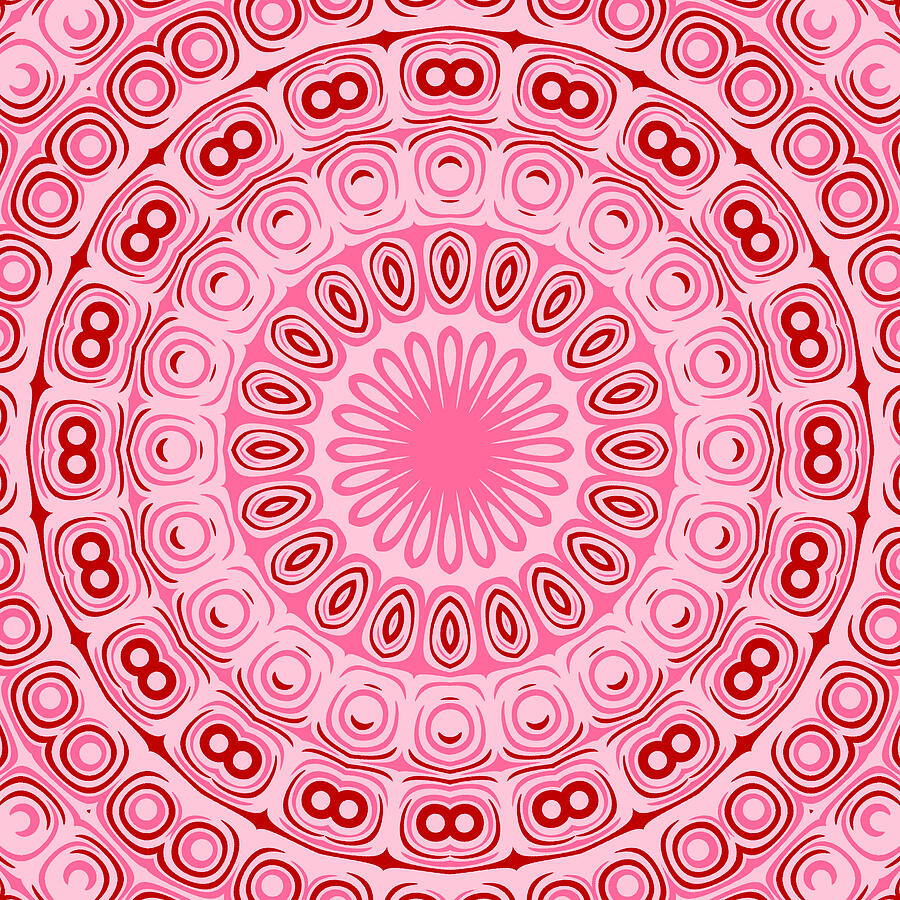 Abstract Digital Art - Pink and Red Mandala Kaleidoscope Medallion Flower by Mercury McCutcheon