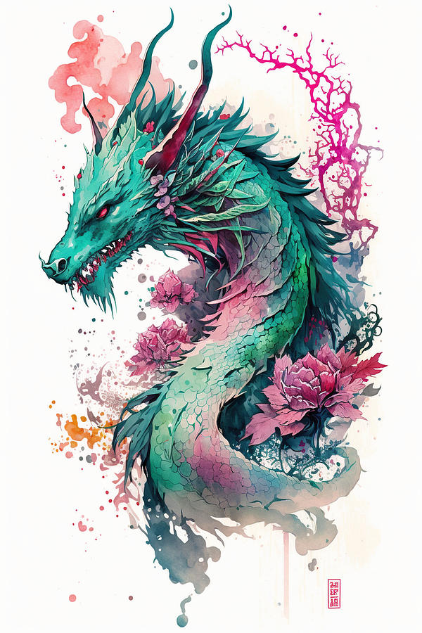 Pink and Teal Dragon in Floral Paradise Digital Art by Lady Pink - Fine ...