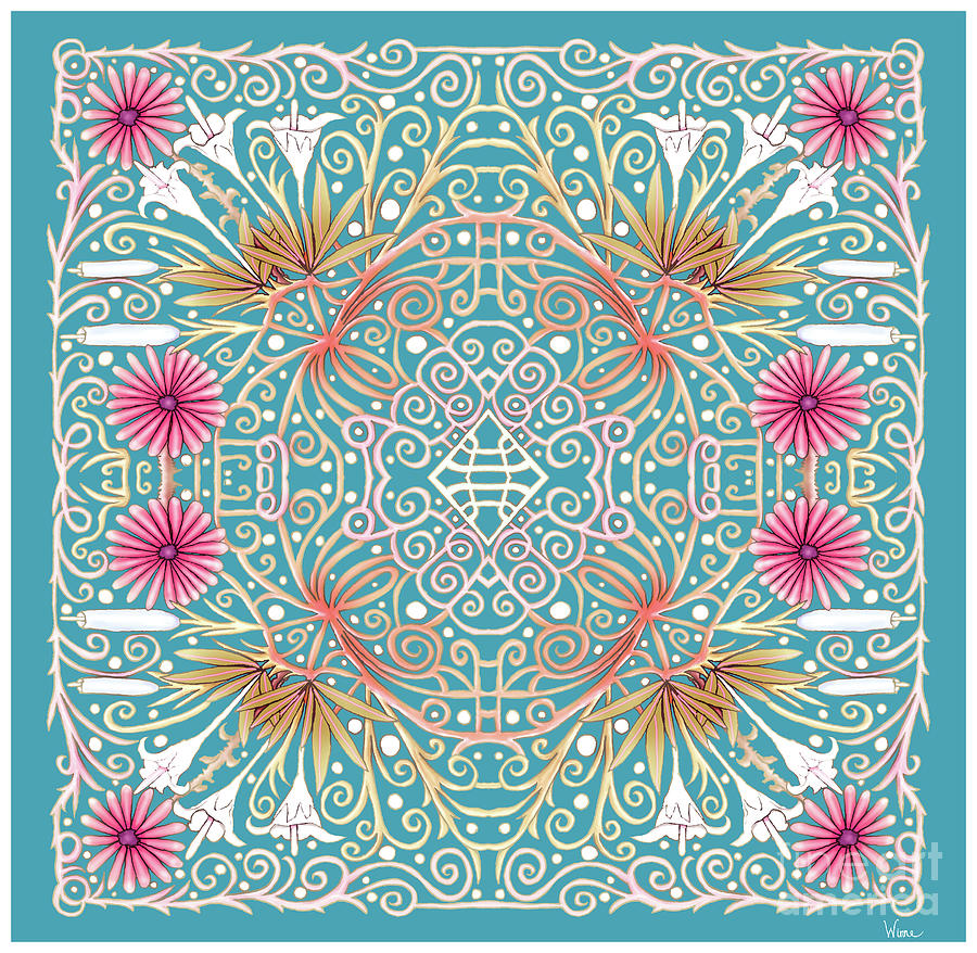 Pink and White Flowers Intertwined Into a Lace and Turquoise Background  Mixed Media by Lise Winne