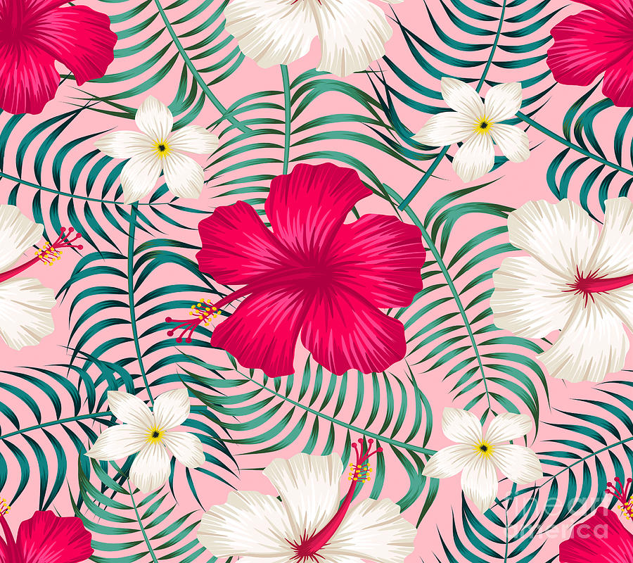 Seamless Pattern Pink Hibiscus Flowers And Monstera Green, 60% OFF