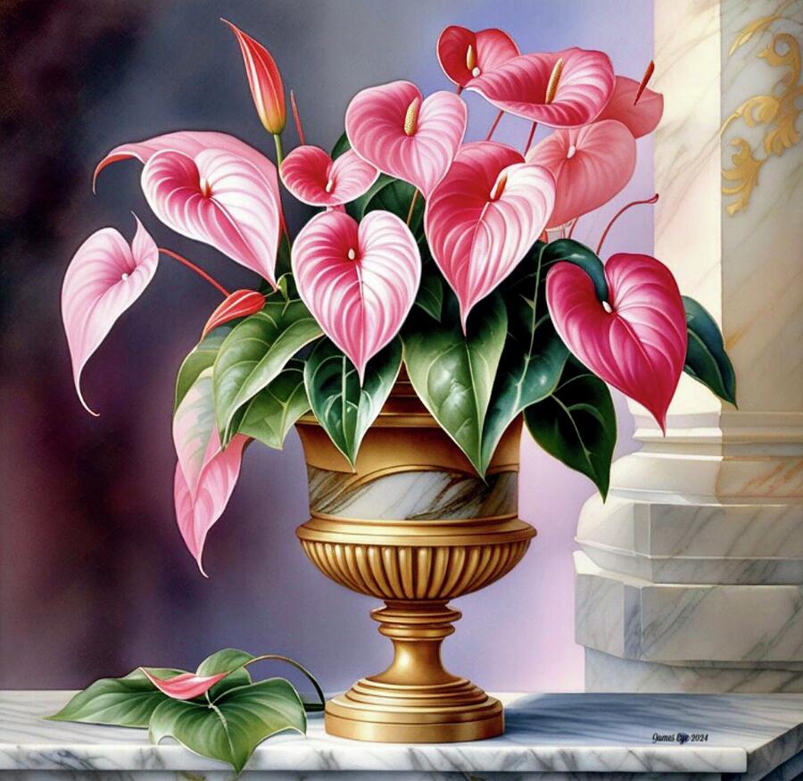 Flower Digital Art - Pink Anthurium in a Fancy Pot by James Eye