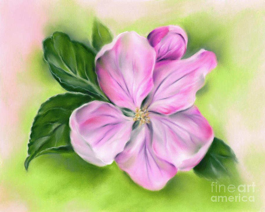 Pink Apple Blossom and Green Leaves Painting by MM Anderson