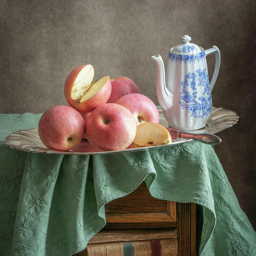 Still Life Photograph - Pink Apples and White Teapot by Nikolay Panov