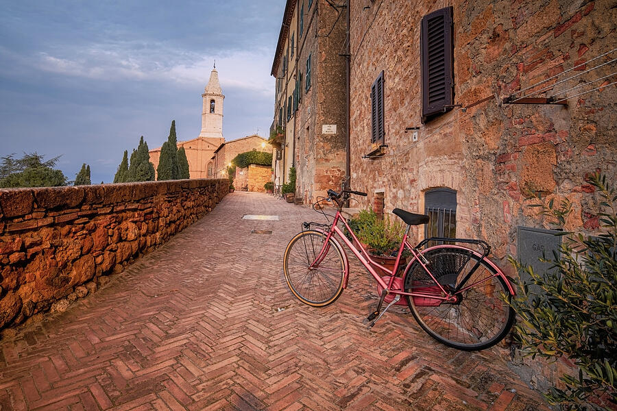 Pink Bicycle on a Cobblestone Street in Pienza at Sunset Photograph by Benoit Bruchez Pink Bicycle on a Cobblestone Street in Pienza at Sunset Photograph by Benoit Bruchez