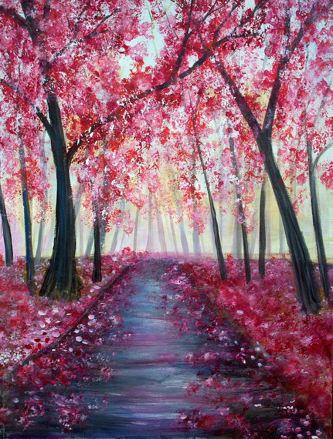 Unique Painting - Pink Blossom Road by Mehwish Kamran