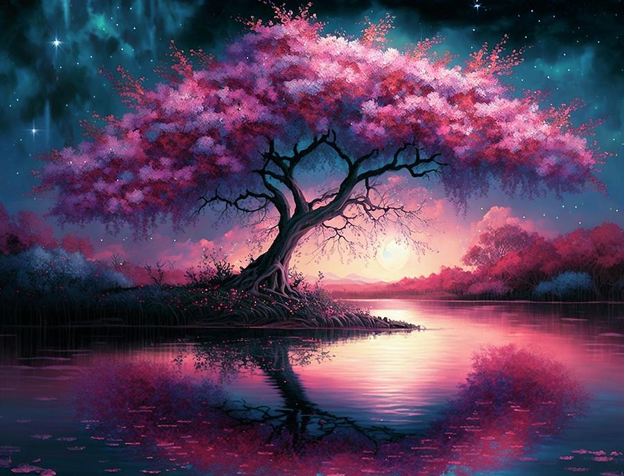 Pink Blossom Tree At Sunset Digital Art by Angie Tirado