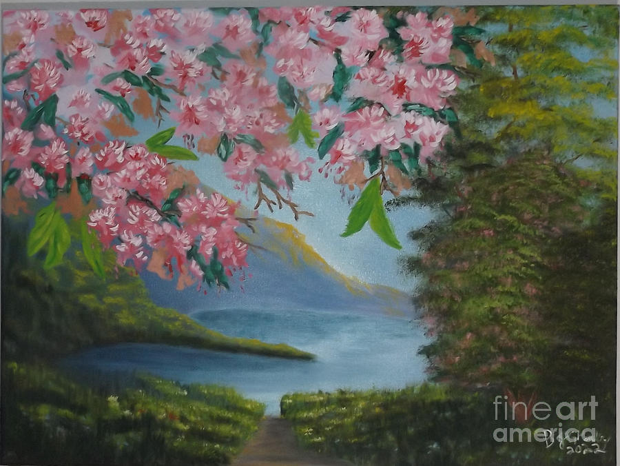 Pink Blossoms on Heart Lake Painting by Brenda JG Mendoza - Pixels