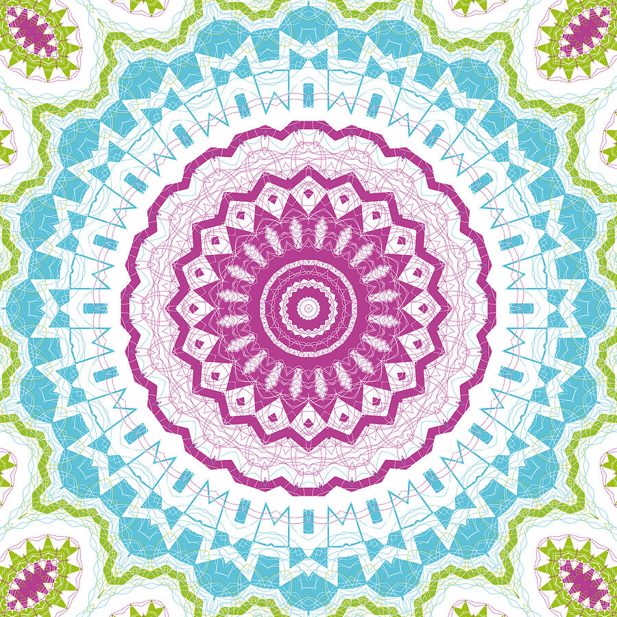 Pink Blue Green Mandala Kaleidoscope Medallion Flower Digital Art by Mercury McCutcheon