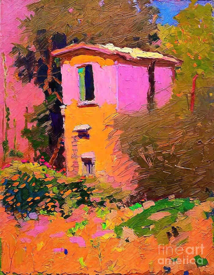 Architecture Painting - Pink Building in the Park Painting fauve landscape fauvism pink and green ladnscape pink ladncape impasto pink art ladnscape art landscape painting americna landscape house park impasto art bright by N Akkash