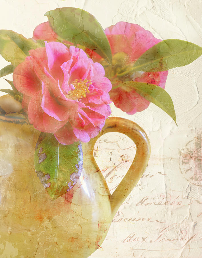 Pink Camellias in a Yellow Pitcher Digital Art by Sherrie Triest