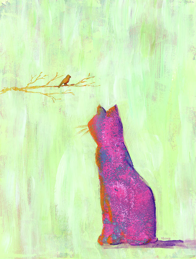 Pink cat and orange bird Painting by Karen Kaspar