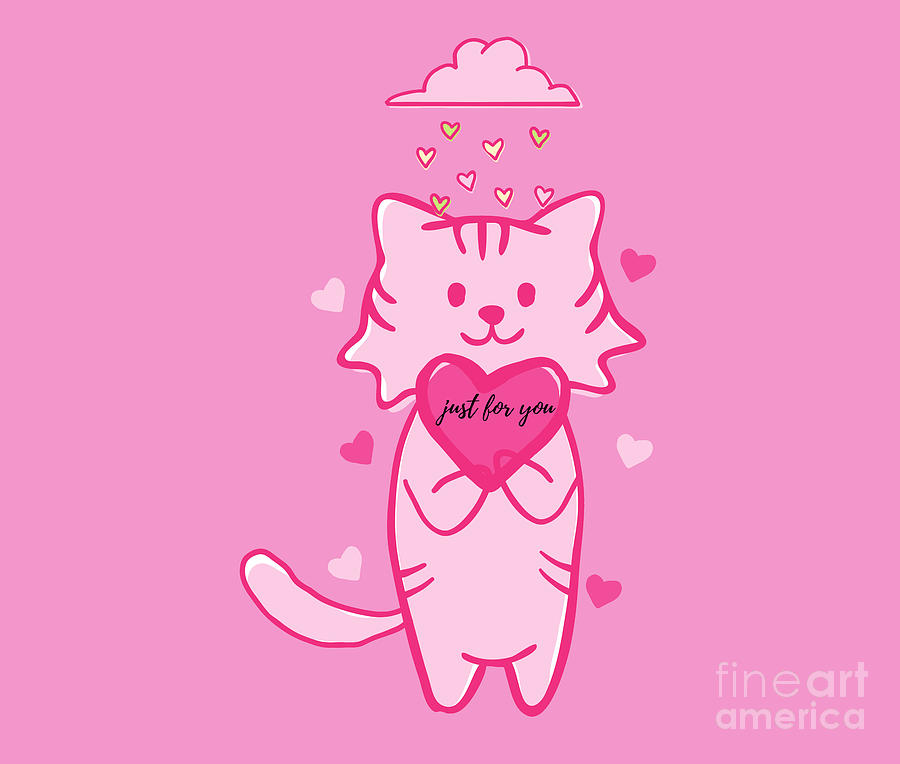 Pink Cat With A Heart Painting
