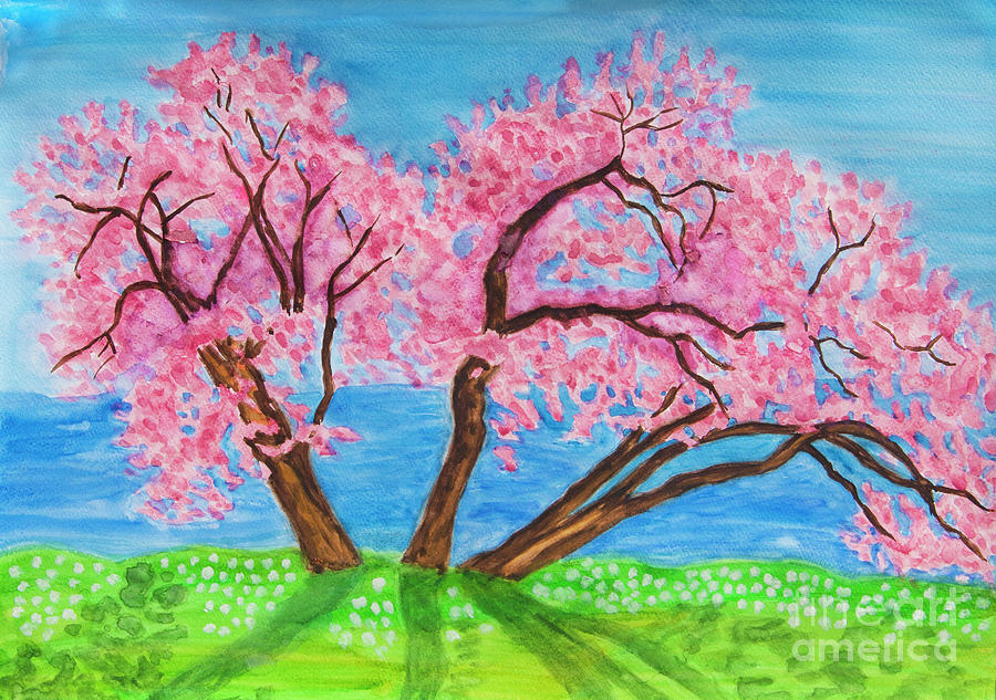 Pink cercis trees near sea shore, spring Painting by Irina Afonskaya