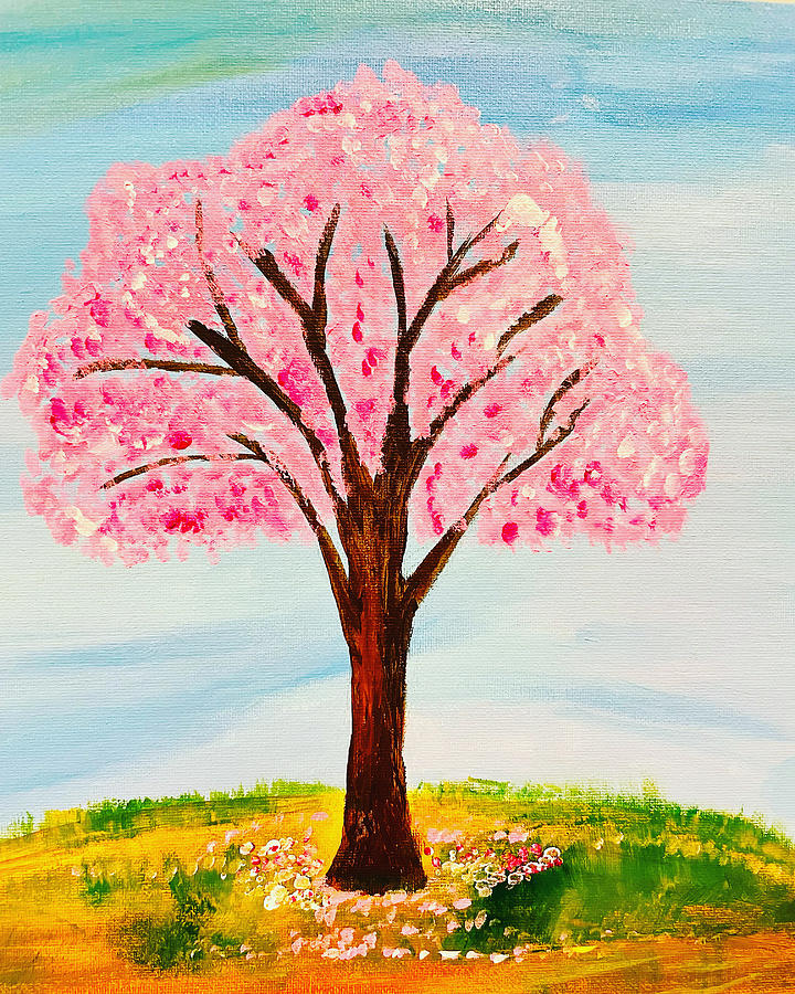 Pink Cherry Blossoms Painting by Jaya Mallidi | Fine Art America