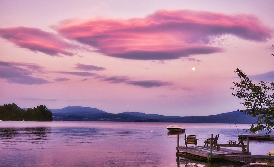 Pink Clouds and Moon Over Rangeley, Maine Photograph by Russ Considine